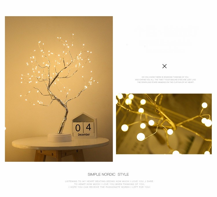 108 LED USB 3D Table-Lamp Copper Wire Christmas Fire Tree Night Light for Home Holiday Bedroom Indoor Kids Bar Decor Fairy Light