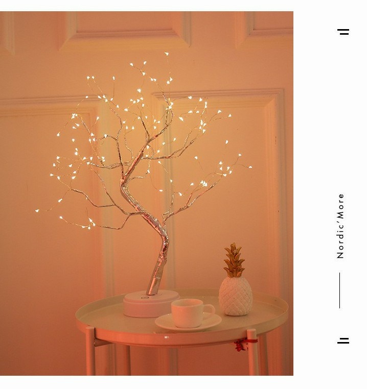 108 LED USB 3D Table-Lamp Copper Wire Christmas Fire Tree Night Light for Home Holiday Bedroom Indoor Kids Bar Decor Fairy Light