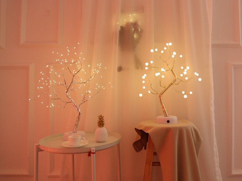 108 LED USB 3D Table-Lamp Copper Wire Christmas Fire Tree Night Light for Home Holiday Bedroom Indoor Kids Bar Decor Fairy Light