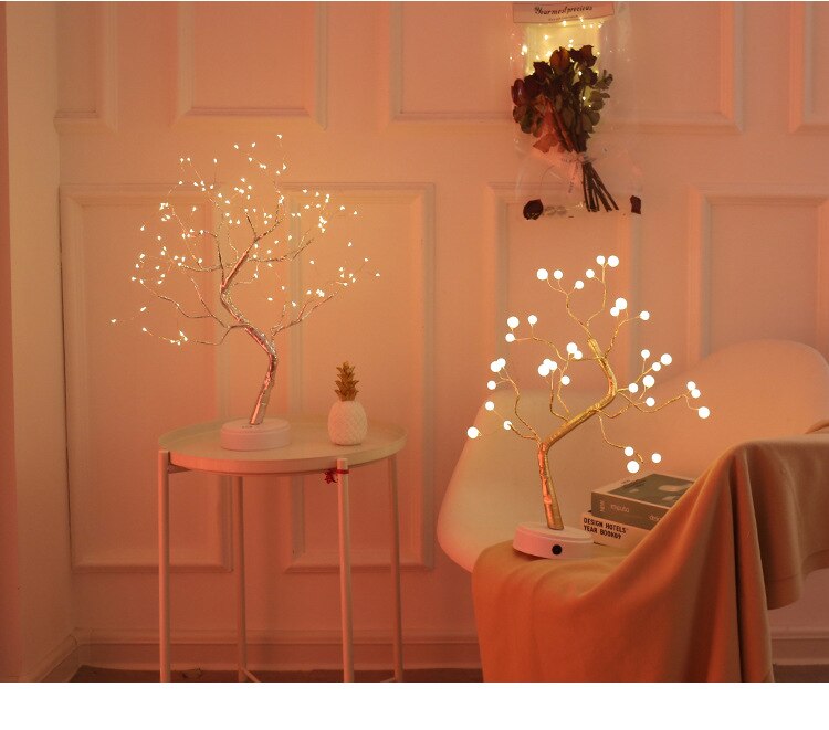 108 LED USB 3D Table-Lamp Copper Wire Christmas Fire Tree Night Light for Home Holiday Bedroom Indoor Kids Bar Decor Fairy Light